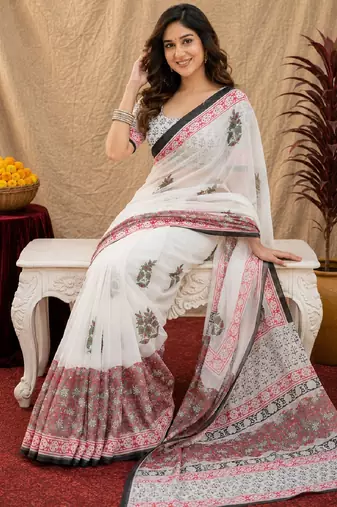 soft lilen print work 1 minute ready to wear saree with unstitched blouse piece