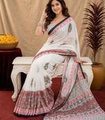 soft lilen print work 1 minute ready to wear saree with unstitched blouse piece