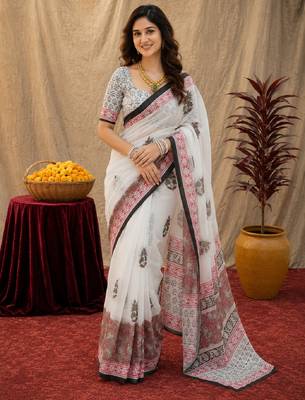 soft lilen print work 1 minute ready to wear saree with unstitched blouse piece 2