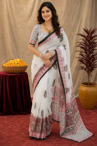 soft lilen print work 1 minute ready to wear saree with unstitched blouse piece