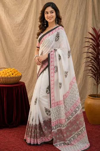 soft lilen print work 1 minute ready to wear saree with unstitched blouse piece