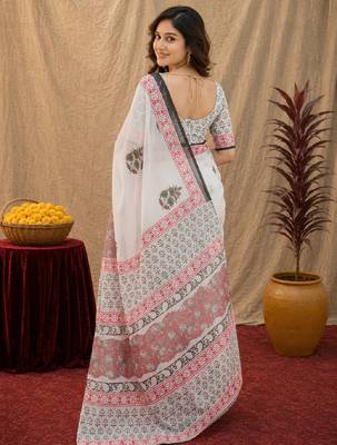 soft lilen print work 1 minute ready to wear saree with unstitched blouse piece 4