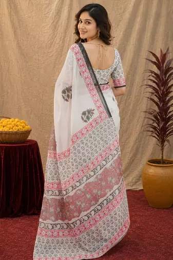 soft lilen print work 1 minute ready to wear saree with unstitched blouse piece