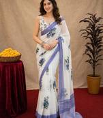 white lilen print work 1 minute ready to wear saree with unstitched blouse piece