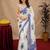 white lilen print work 1 minute ready to wear saree with unstitched blouse piece