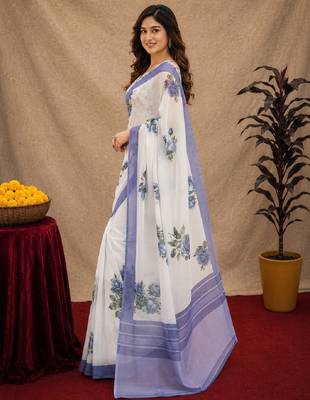white lilen print work 1 minute ready to wear saree with unstitched blouse piece 2