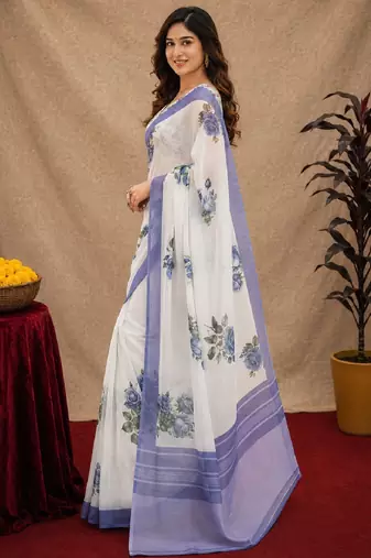white lilen print work 1 minute ready to wear saree with unstitched blouse piece