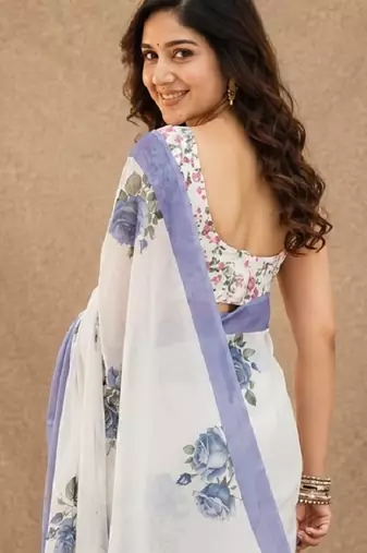white lilen print work 1 minute ready to wear saree with unstitched blouse piece