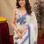 white lilen print work 1 minute ready to wear saree with unstitched blouse piece