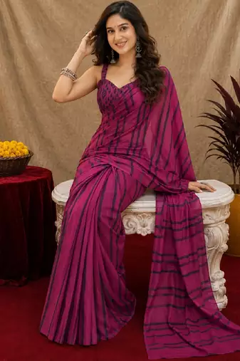 purple lilen print work 1 minute ready to wear saree with unstitched blouse piece