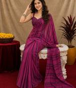 purple lilen print work 1 minute ready to wear saree with unstitched blouse piece