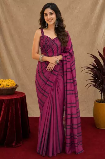 purple lilen print work 1 minute ready to wear saree with unstitched blouse piece