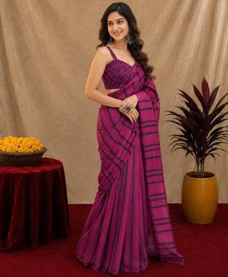 purple lilen print work 1 minute ready to wear saree with unstitched blouse piece 3