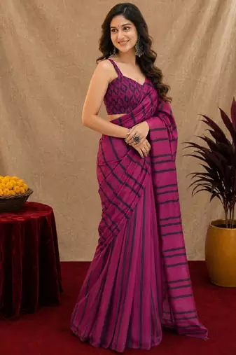 purple lilen print work 1 minute ready to wear saree with unstitched blouse piece