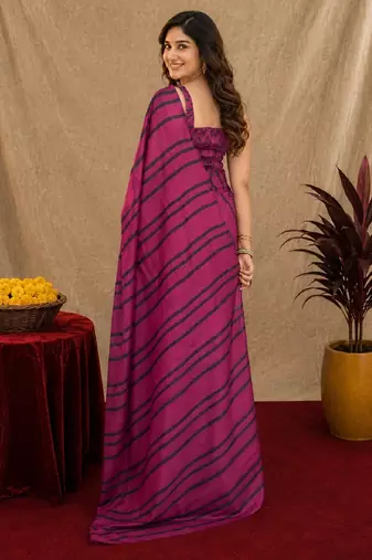 purple lilen print work 1 minute ready to wear saree with unstitched blouse piece