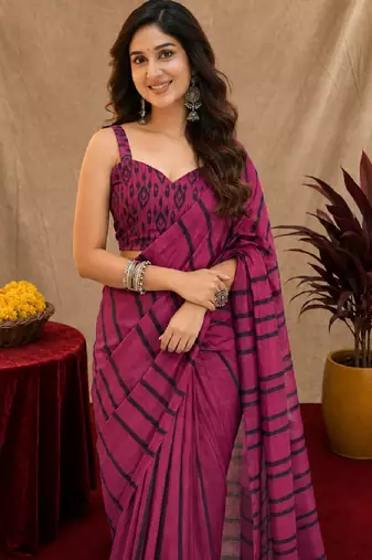 purple lilen print work 1 minute ready to wear saree with unstitched blouse piece