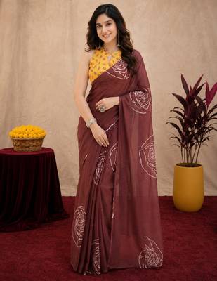 brown yellow lilen print work 1 minute ready to wear saree with unstitched blouse piece 1