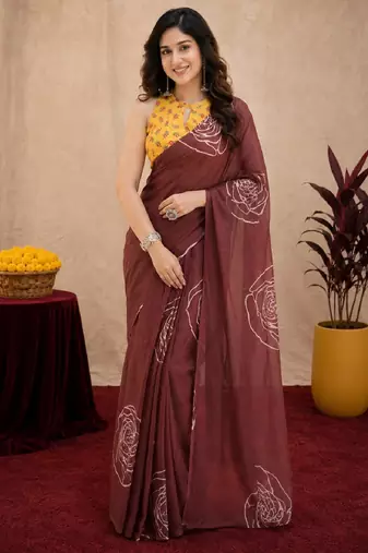 brown yellow lilen print work 1 minute ready to wear saree with unstitched blouse piece