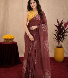 brown yellow lilen print work 1 minute ready to wear saree with unstitched blouse piece