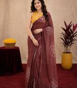 brown yellow lilen print work 1 minute ready to wear saree with unstitched blouse piece