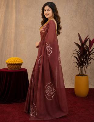 brown yellow lilen print work 1 minute ready to wear saree with unstitched blouse piece 2