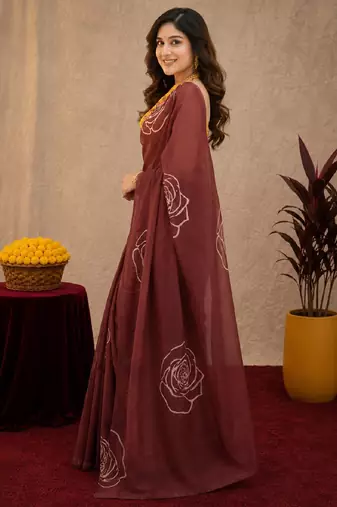 brown yellow lilen print work 1 minute ready to wear saree with unstitched blouse piece