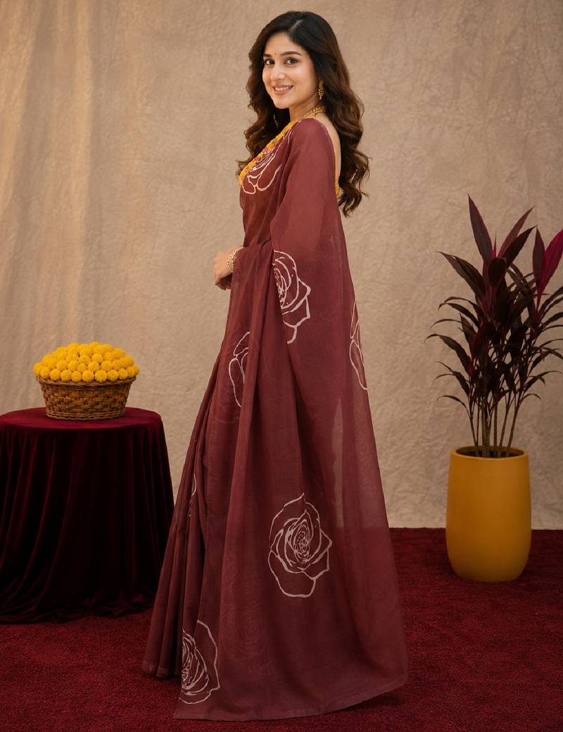 brown yellow lilen print work 1 minute ready to wear saree with unstitched blouse piece
