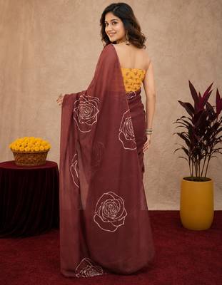 brown yellow lilen print work 1 minute ready to wear saree with unstitched blouse piece 3