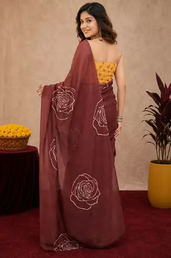 brown yellow lilen print work 1 minute ready to wear saree with unstitched blouse piece