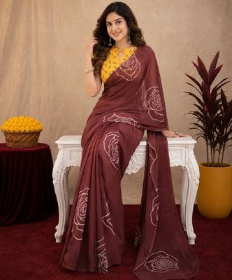 brown yellow lilen print work 1 minute ready to wear saree with unstitched blouse piece 4