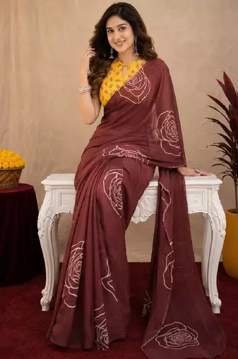 brown yellow lilen print work 1 minute ready to wear saree with unstitched blouse piece