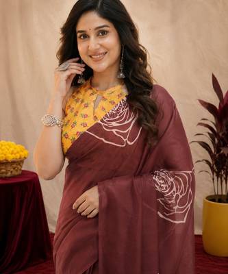 brown yellow lilen print work 1 minute ready to wear saree with unstitched blouse piece 5