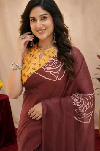 brown yellow lilen print work 1 minute ready to wear saree with unstitched blouse piece