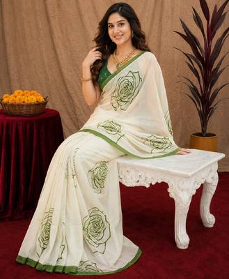 white green lilen print work 1 minute ready to wear saree with unstitched blouse piece 1