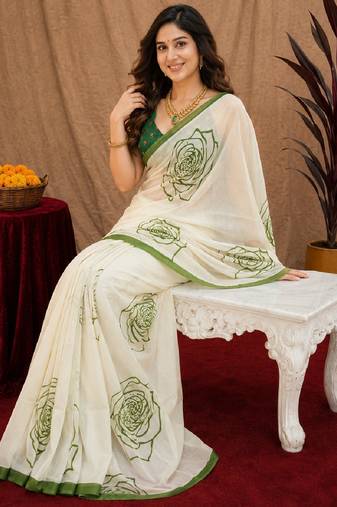 white green lilen print work 1 minute ready to wear saree with unstitched blouse piece