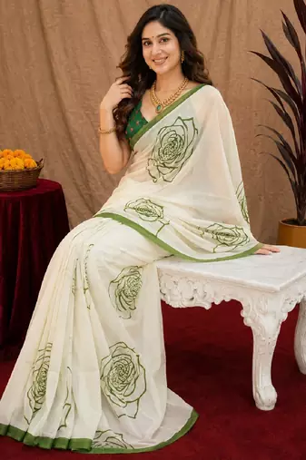 white green lilen print work 1 minute ready to wear saree with unstitched blouse piece