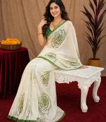 white green lilen print work 1 minute ready to wear saree with unstitched blouse piece