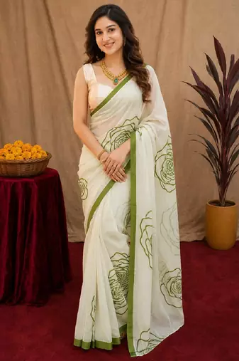 white green lilen print work 1 minute ready to wear saree with unstitched blouse piece