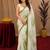 white green lilen print work 1 minute ready to wear saree with unstitched blouse piece
