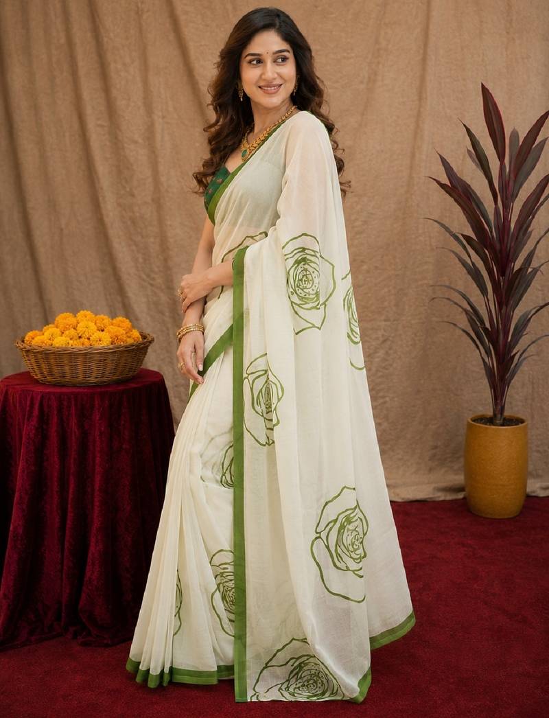 white green lilen print work 1 minute ready to wear saree with unstitched blouse piece