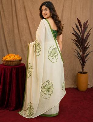 white green lilen print work 1 minute ready to wear saree with unstitched blouse piece 4
