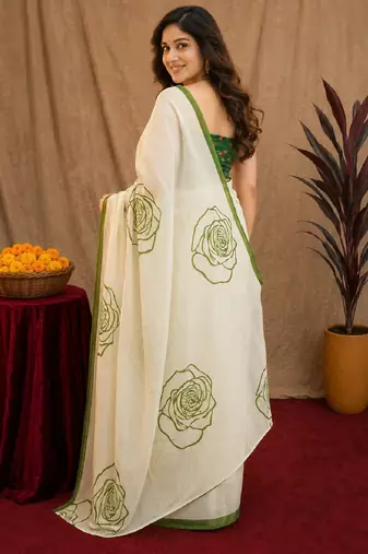 white green lilen print work 1 minute ready to wear saree with unstitched blouse piece