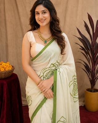 white green lilen print work 1 minute ready to wear saree with unstitched blouse piece 5
