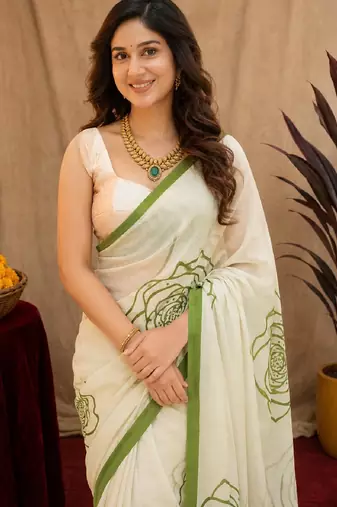 white green lilen print work 1 minute ready to wear saree with unstitched blouse piece