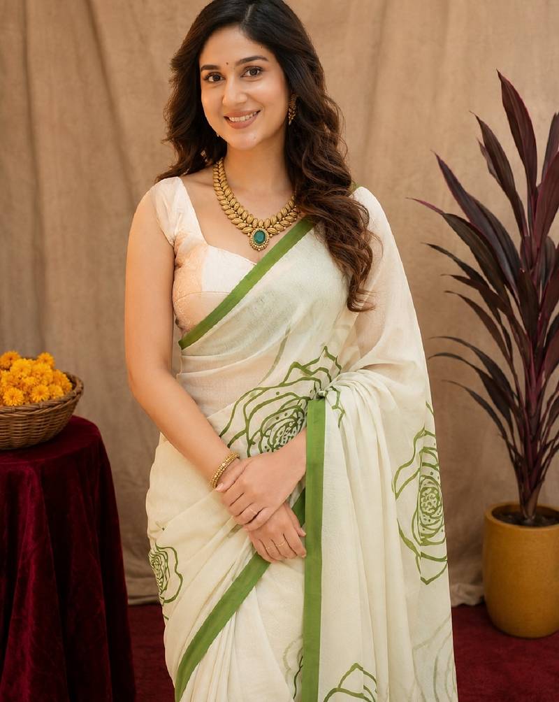 white green lilen print work 1 minute ready to wear saree with unstitched blouse piece