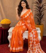 white orange lilen print work 1 minute ready to wear saree with unstitched blouse piece