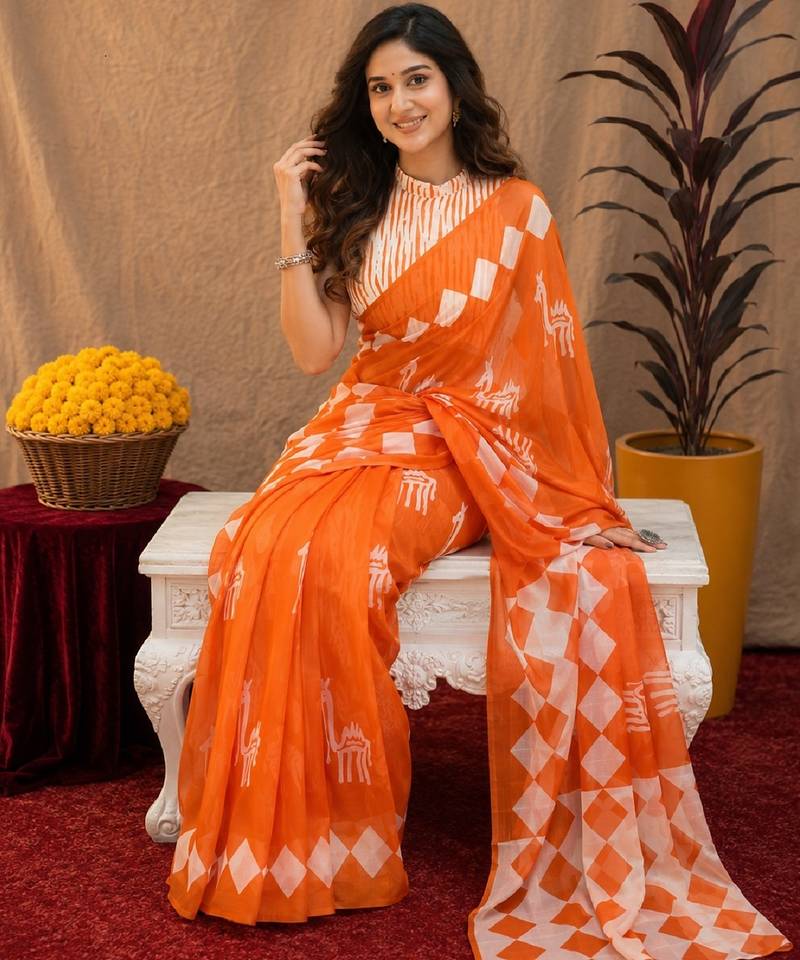 white orange lilen print work 1 minute ready to wear saree with unstitched blouse piece