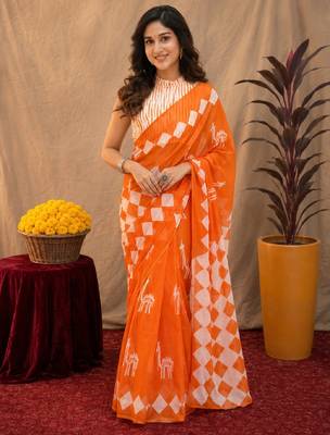 white orange lilen print work 1 minute ready to wear saree with unstitched blouse piece 2