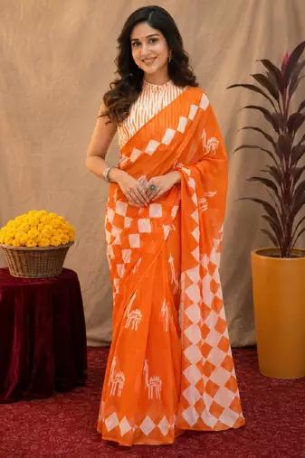 white orange lilen print work 1 minute ready to wear saree with unstitched blouse piece