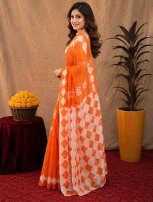 white orange lilen print work 1 minute ready to wear saree with unstitched blouse piece 3